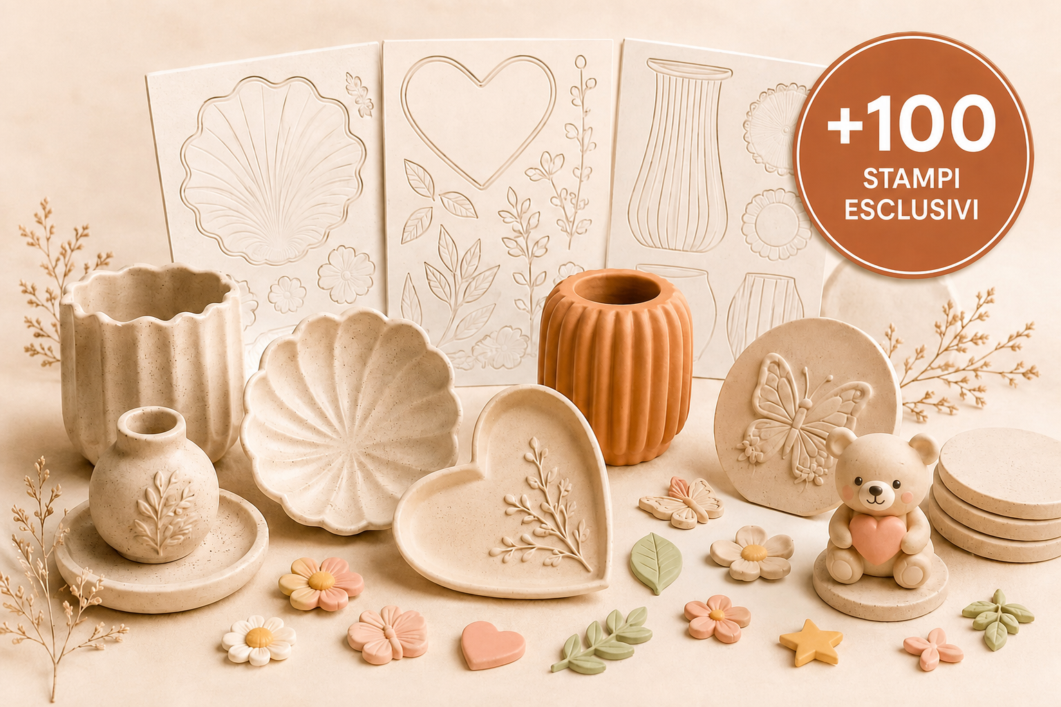 Kit completo con oltre 100 stampi per ceramica fredda e 3 bonus