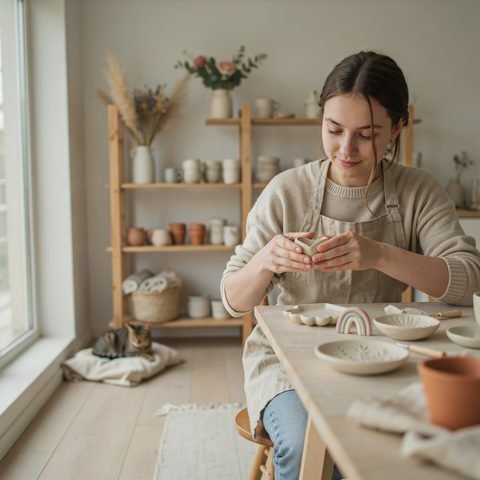 Artigiana che modella pezzi in ceramica fredda a casa