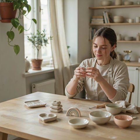 Artigiana che modella pezzi in ceramica fredda a casa