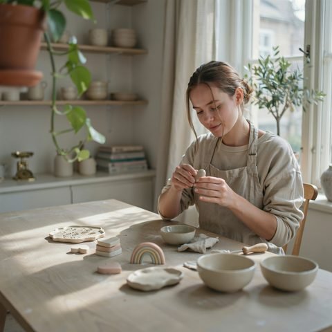 Artigiana che modella pezzi in ceramica fredda a casa